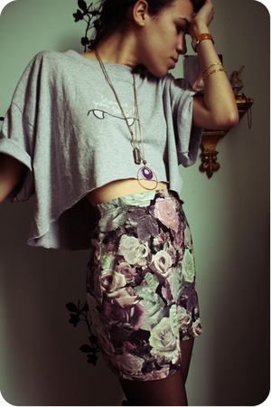 silver vintage Mona the Vampire shirt - Topshop boots - floral new look skirt