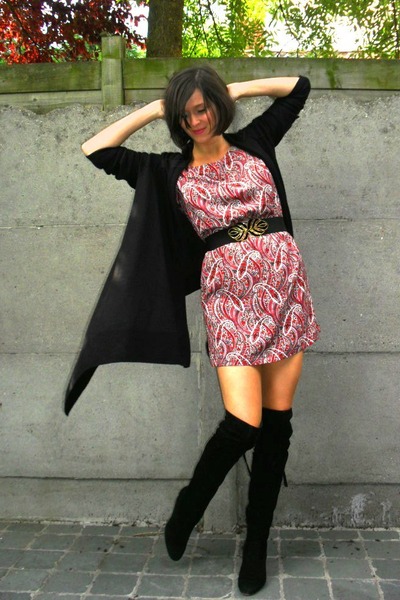 red dress black cardigan