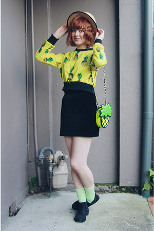 lime green Choies bag - yellow Choies sweater - chartreuse vintage socks