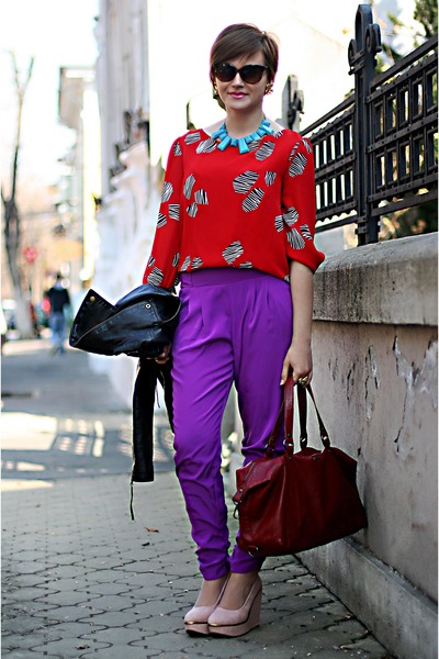 Deep Purple River Island Pants, Red Vintage Blouses | 