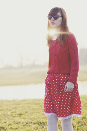 White Sweater Dress on Red Polka Dot Thrifted Dress   Red Old Sweater   White Old Tights