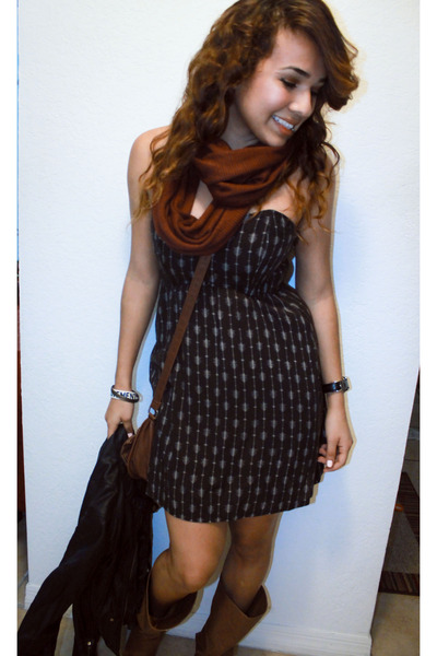tawny Charlotte Russe boots - black Pac Sun dress - black leather Forever 21 jac