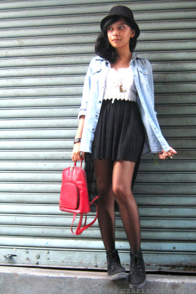 denim skirt black tights boots