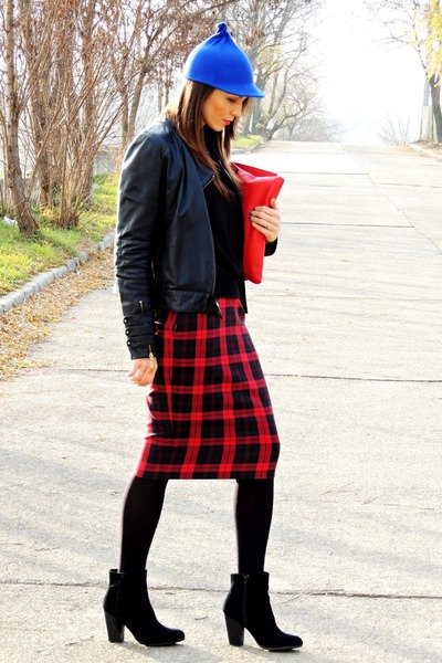 ruby red tartan custom made skirt - black H&M boots - black leather Mango jacket