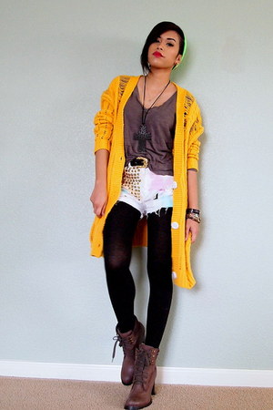 mustard distressed knit OASAP cardigan - brown lace up Steve Madden boots