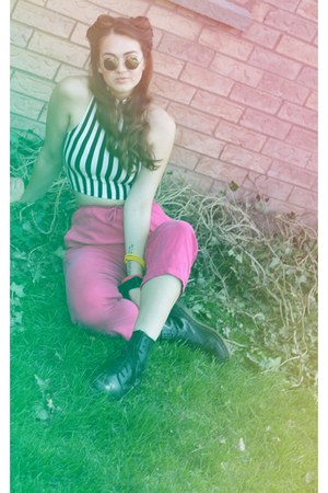 silver thrifted sunglasses - black combat doc martens boots