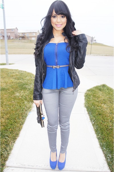 royal blue top with black jeans