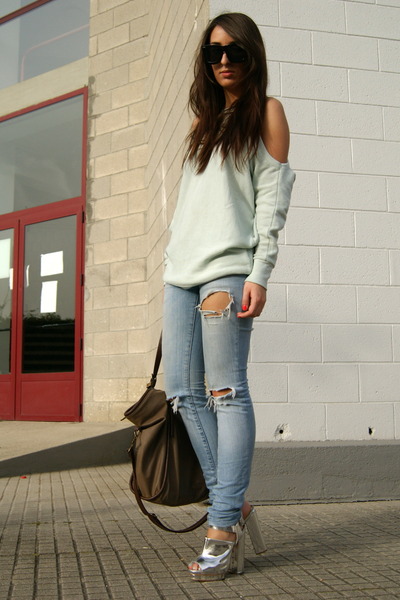 High Heels Suicide Land Street Style Chictopia silver Topshop shoes - lime green shoulderless Topshop sweater - High Heels Suicide Land Street Style Chictopia
