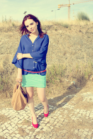 blue Zara shirt - camel Mango bag - red Mango belt - hot pink Zara pumps - chart