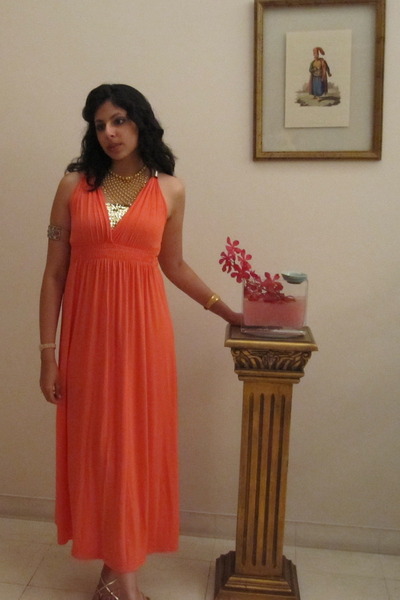 Orange Dress with Gold Shoes