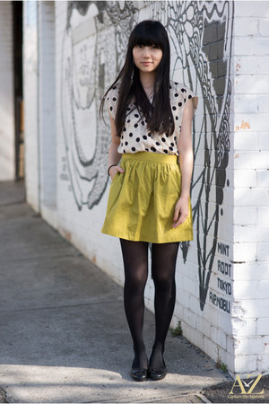 ivory polka dots Zara shirt - gold Stradivrius skirt