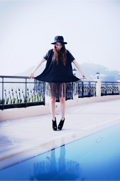 black fedora vintage hat - dark gray fringe detail Botique dress