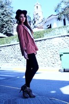 black fedora feather Zara hat - salmon roll sleeves H&M jacket - black American 