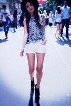 black fedora vintage hat - white button up denim H&M shorts - teal vintage vest