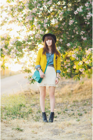 mustard lace ZLZcom cardigan - black leather Forever 21 boots - black H&M hat