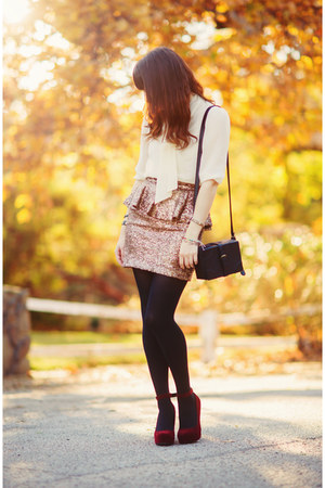 mustard sequin Nasty Gal skirt - black leather H&M bag