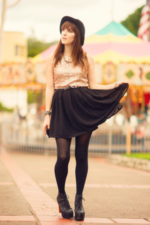 peach sequin Glamorous UK dress - black leather Jeffrey Campbell heels