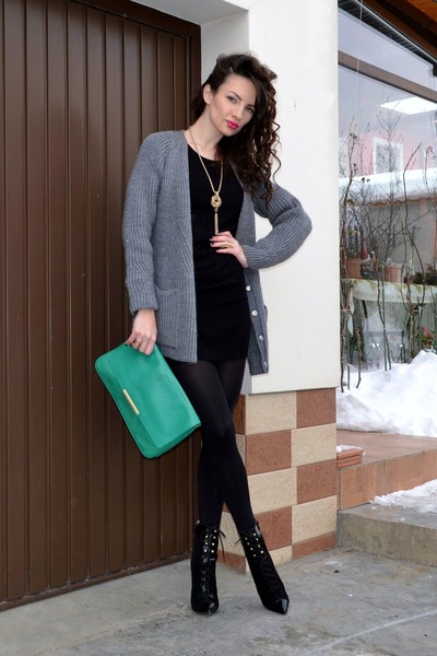 black dress grey cardigan
