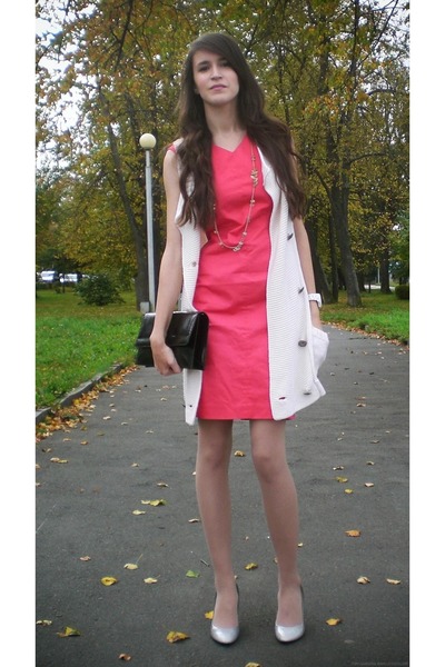 red dress with white cardigan