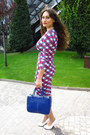Ruby-red-tartan-print-boohoo-dress-blue-tidestore-bag-white-outerinner-pumps