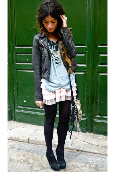black leather Topshop jacket - Zara bag - light pink Primark skirt - light blue