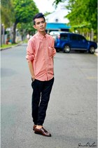 red Burberry shirt - brown brogues shoes - black Bossini pants