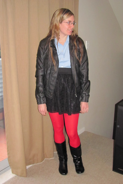 black Glassons jacket - black Jay Jays skirt - red Farmers stockings - blue Thri