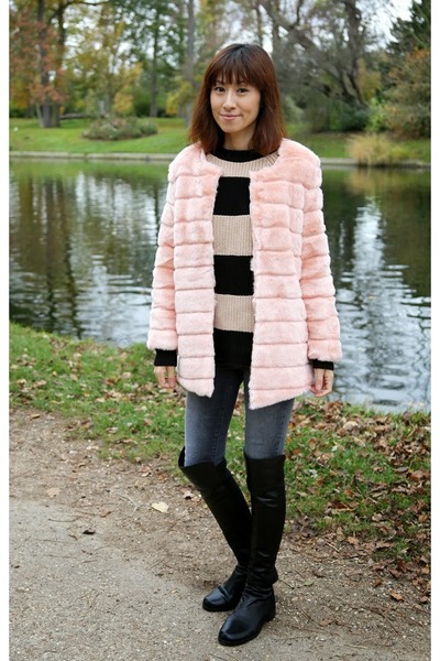 pink faux fur storets coat - black over the knee stuart weitzman boots