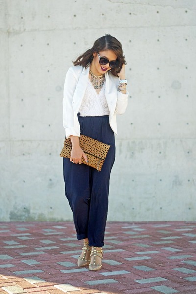 navy jumpsuit with blazer