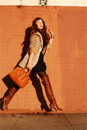 orange tory burch bag - brown Baleciaga boots - black romper vintage dress