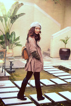 dark brown bag - tan coat - army green jacket - black leggings - white top