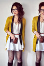 White-dress-dark-brown-bag-black-socks-mustard-cardigan