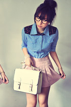 off white bag - light pink skirt - sky blue blouse - ruby red blouse
