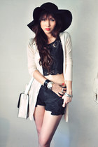 black shirt - off white bag - cream cardigan - ruby red accessories