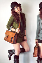 brown bag - black boots - charcoal gray shirt - army green cardigan