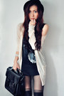 Charcoal-gray-shirt-beige-cardigan-black-skirt