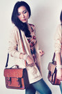 Ruby-red-dress-light-pink-dress-dark-brown-bag-beige-cardigan-teal-stock