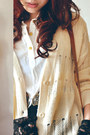 Off-white-shirt-brown-bag-black-skirt-beige-cardigan-dark-brown-belt
