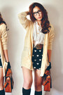 Off-white-shirt-brown-bag-black-skirt-beige-cardigan-dark-brown-belt