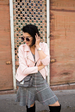 black reserved boots - gray reserved dress - light pink reserved jacket