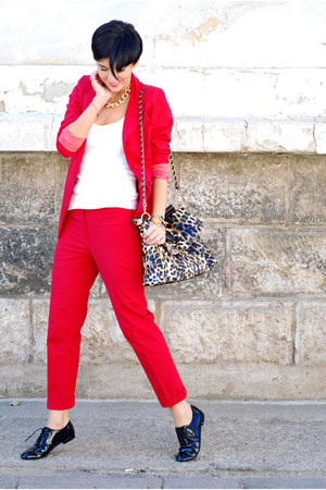 red custom made suit - white Shana shirt - camel Lookat bag - black Aldo flats