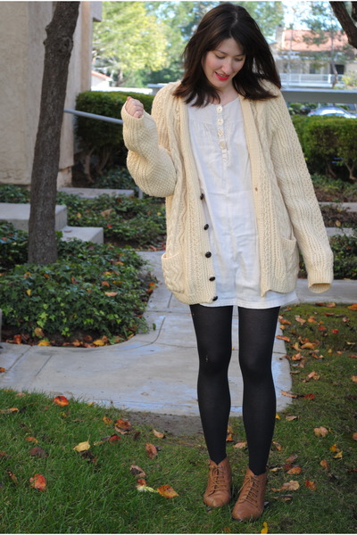 cream thrifted sweater , from japan dress , brown Urban Outfitters boots