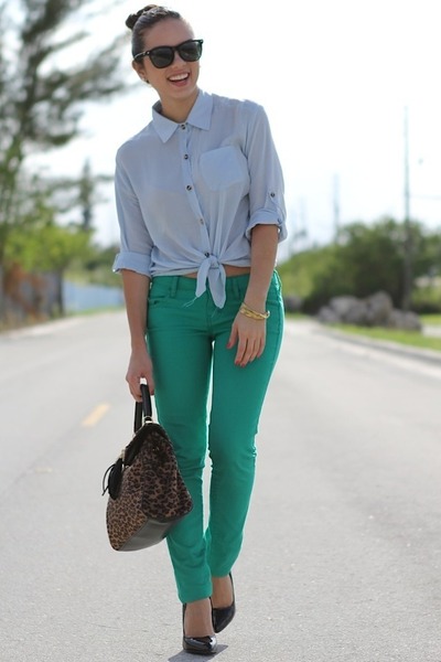 green pants light blue shirt