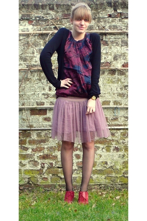 black Kookai cardigan - purple top - pink School Rag skirt - black tights - red 