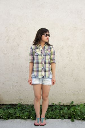 shirt - blue Forever 21 shorts - green ecote shoes - brown Ray Ban su