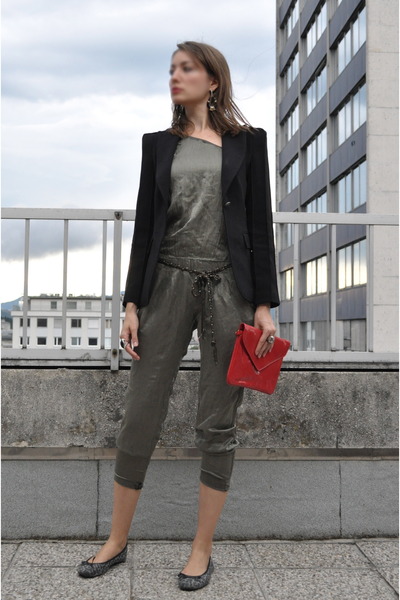 green jumpsuit with blazer