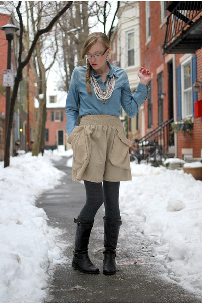 denim skirt black tights boots