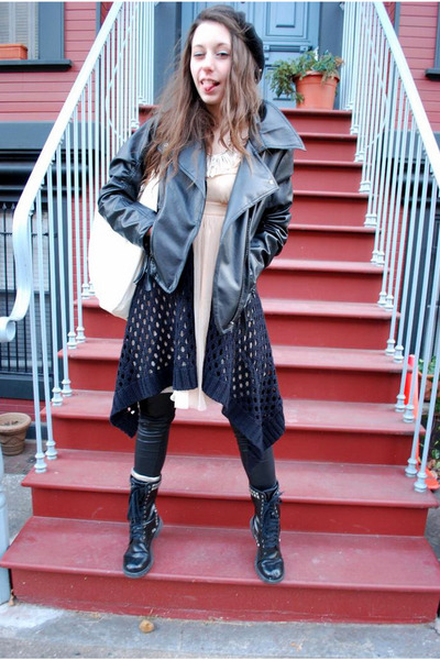 black boots - peach feminine Kimchi Blue dress - black leather jacket - black wo