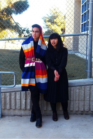 black shirt - black H&M shirt - navy lace button up thrift shirt