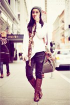 bronze cheetah-print vintage scarf - dark brown lace-up necessary clothing boots